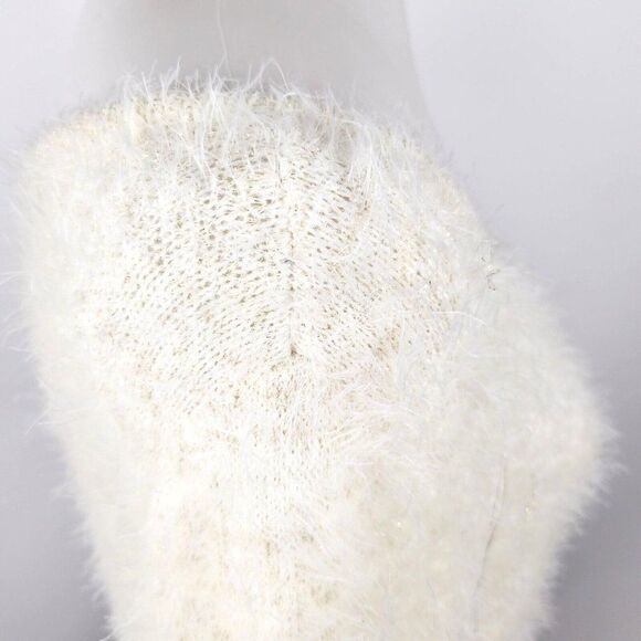 NEW Jennifer Lopez Ivory Fuzzy Eyelash Metallic Sweater Gold Elbow Pads L - Picture 5 of 9